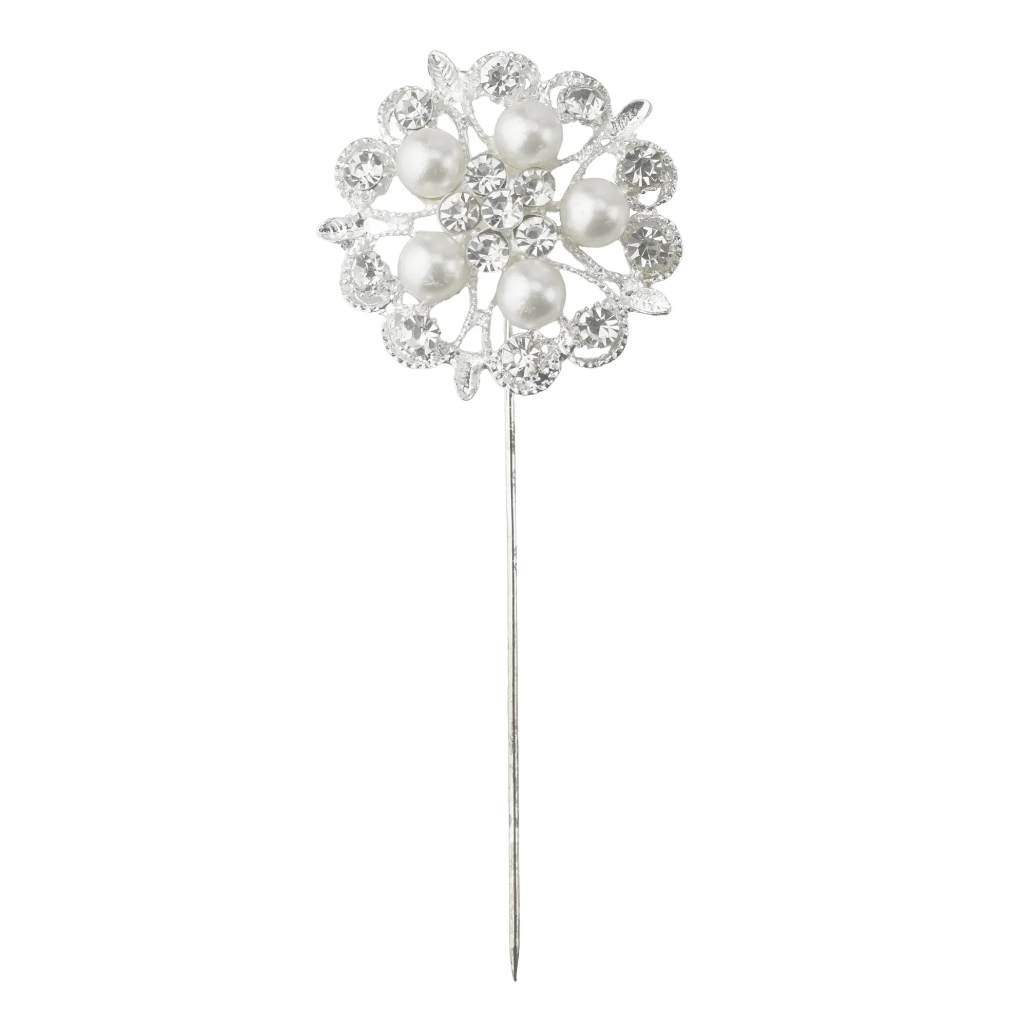 Rhinestone Pearls Floral Pins, 3-1/2-Inch, 6-Count - Silver - Image 2