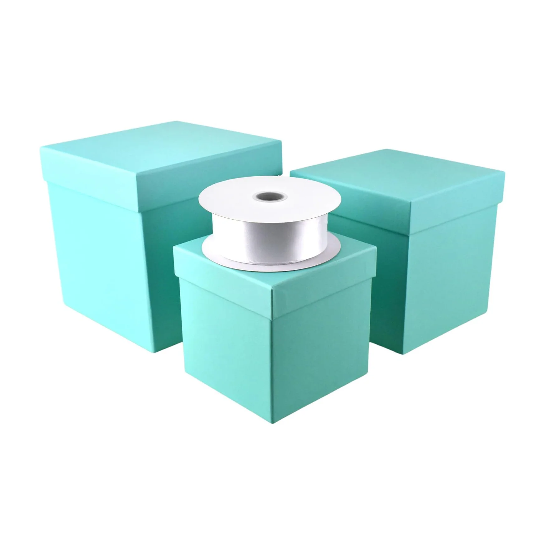 Homeford Nested Square Gift Boxes, Robin's Egg Blue, 5-inch, 6-inch, 7-inch, 3-piece, 1.5-inch White Satin Ribbon 10-yard - Image 4