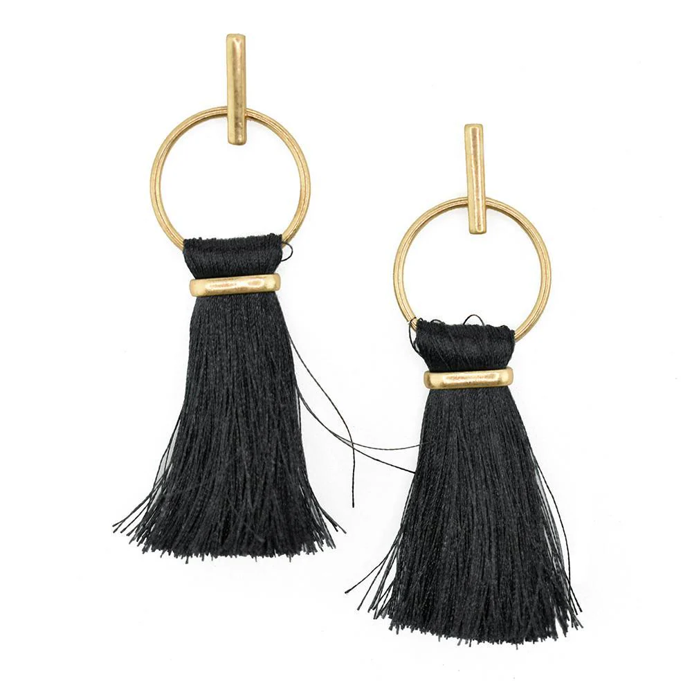 Round Hoop Hanging Tassel Earrings, 3-Inch - Image 3