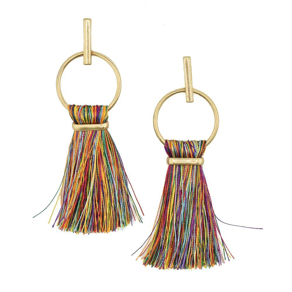 Round Hoop Hanging Tassel Earrings, 3-Inch - Image 4