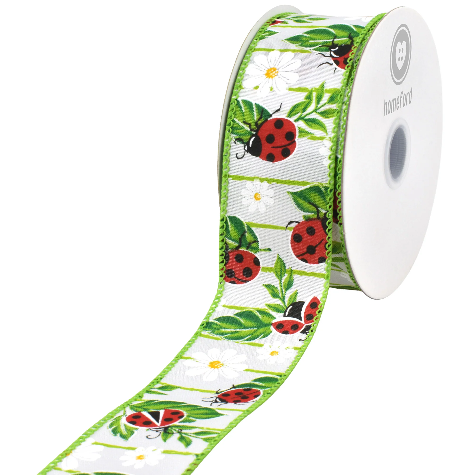 Spring Ladybugs on Leaves Wired Ribbon, 10-yard - Image 2