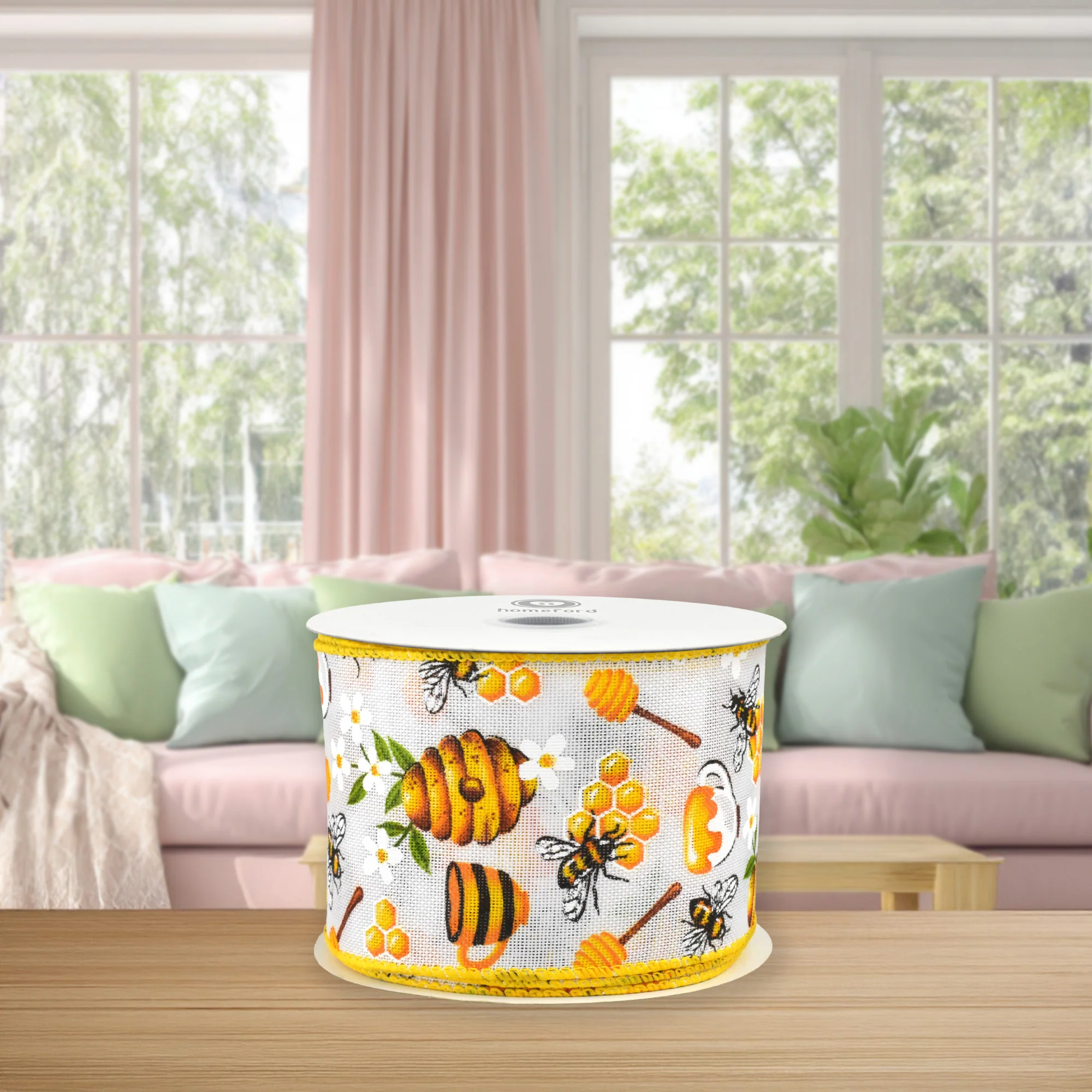 Spring Working Bees Honeycomb Flower Wired Ribbon, 10-yard - Image 5