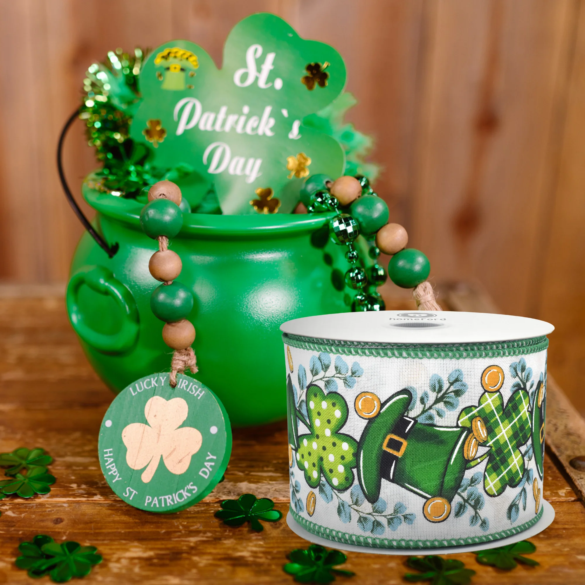St. Patrick's Leprechaun Hats Coins Foliage Wired Ribbon, 10-yard - Image 4