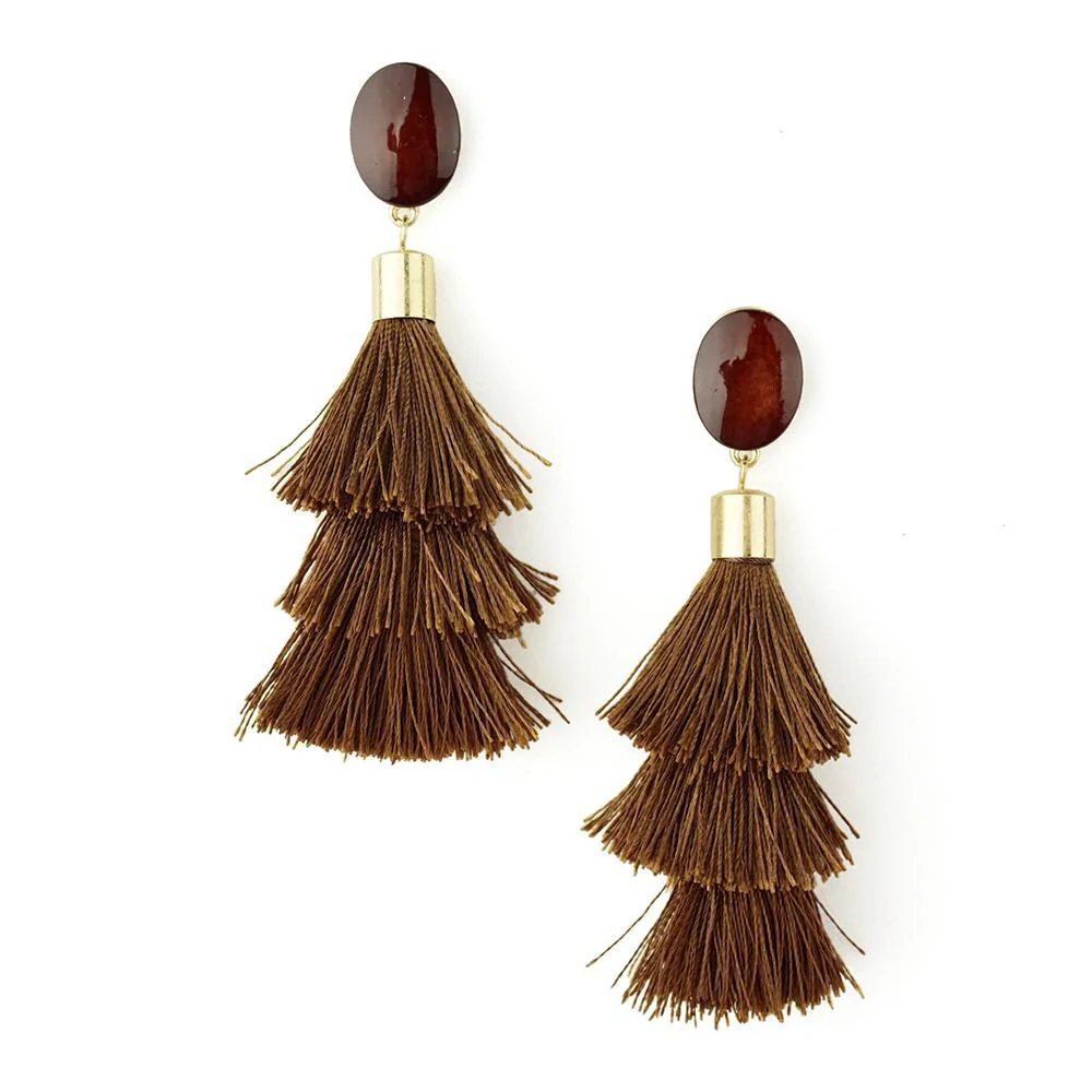 Three Layered Tassel Drop Earrings, 3-1/2-Inch - Image 3
