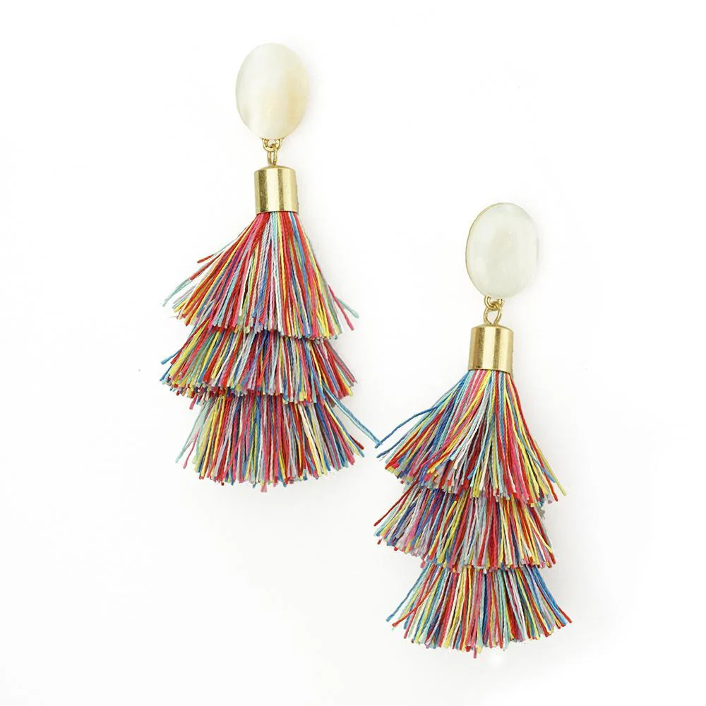 Three Layered Tassel Drop Earrings, 3-1/2-Inch - Image 5