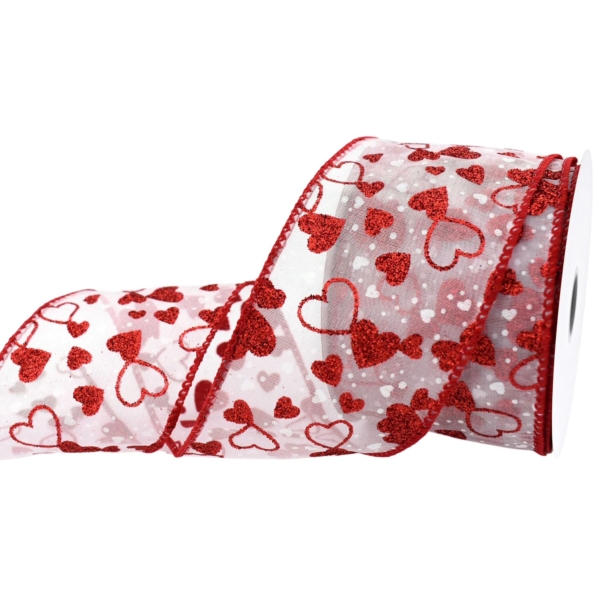 Valentine's Sheer Organza Glittered Hearts Wired Ribbon, 2-1/2-inch, 10-yard - Image 2